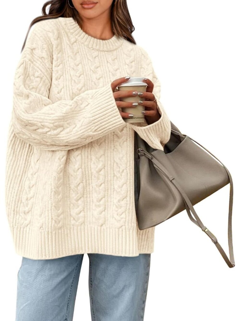 Women's Beige White Cozy Soft Chunky Textured Knit Crewneck Oversized Sweaters